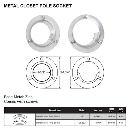Delaney Hardware METAL POLE SOCKETS US26D 407406